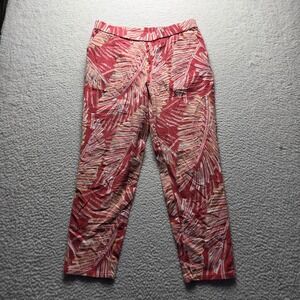 Lemon Way Pants Womens 14 Red Twill Ankle Pull On Floral Stretch Pockets Casual
